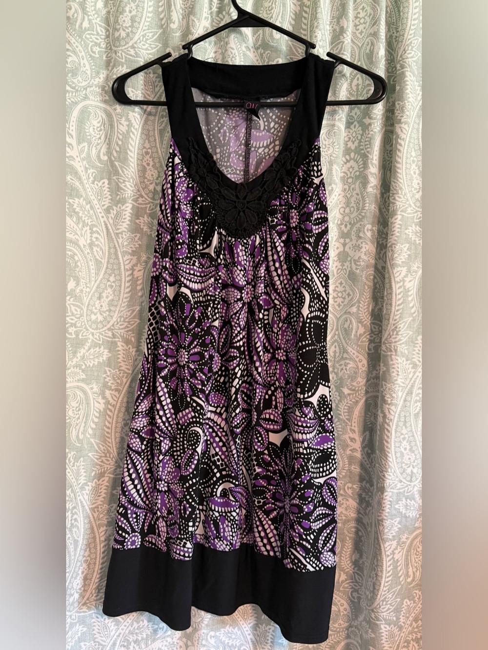 Y2K Wrapper Purple Paisley Floral Mini Dress with Embroidered Lace Trim Neckline